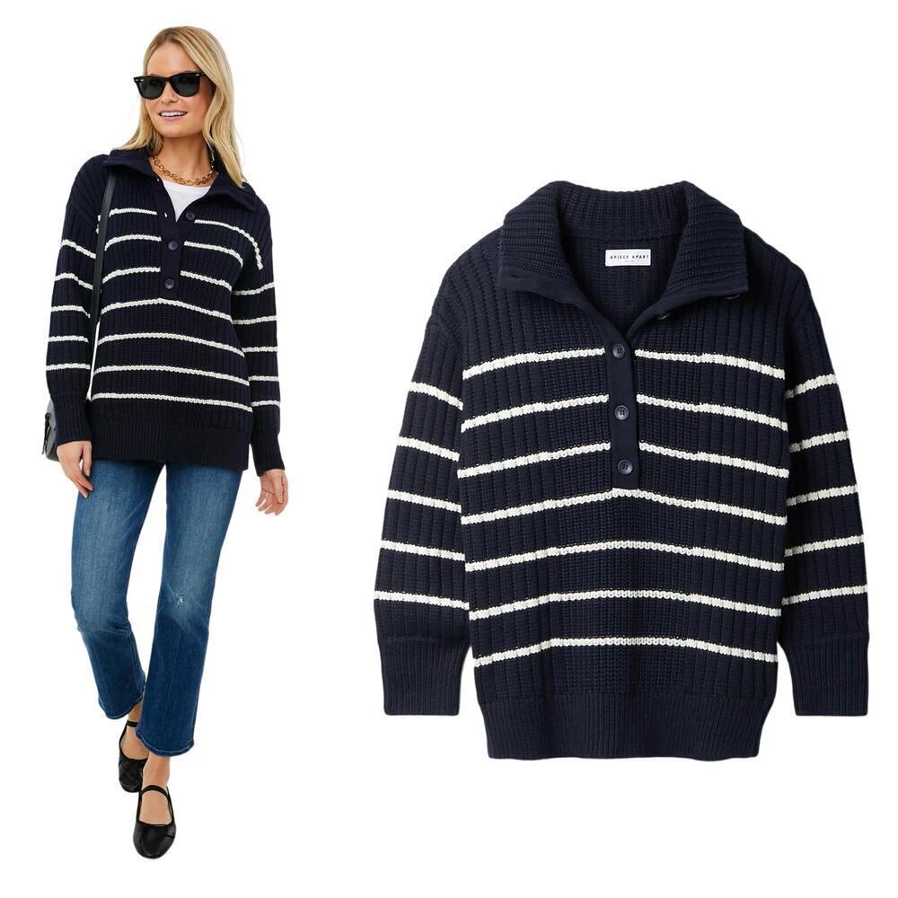 Apiece Apart Paloma Mock Stripes Collared Sweater Sz Small NWT Cotton Cashmere